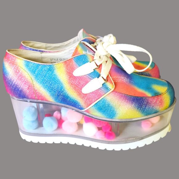 YRU QLOUD Rainbow Glitter Clear Platform Shoes Creepers Kawaii Rave Festival Sz - Picture 5 of 15